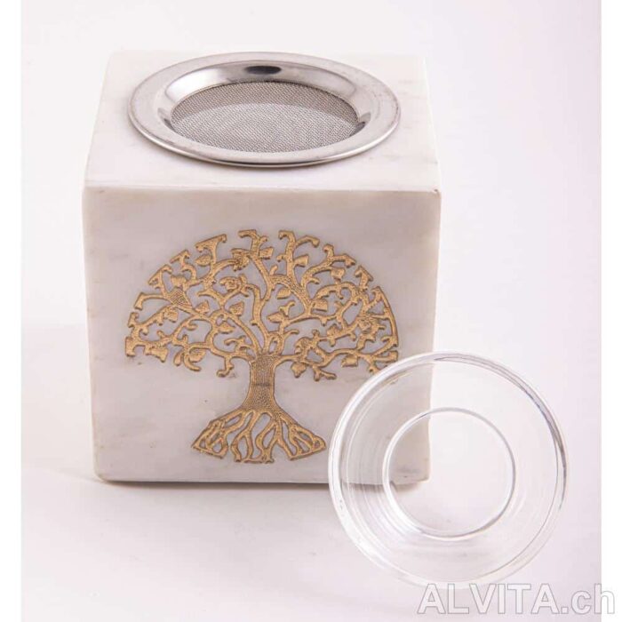 Lampe aromatique Arbre de vie avec tamis, carré Marbre Récipient 2 en 1