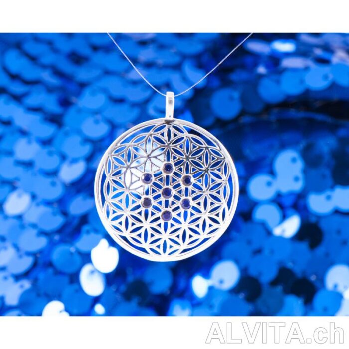 Blume des Lebens mit blauen Saphiren silber Blume des Lebens mit blauen Saphiren silber