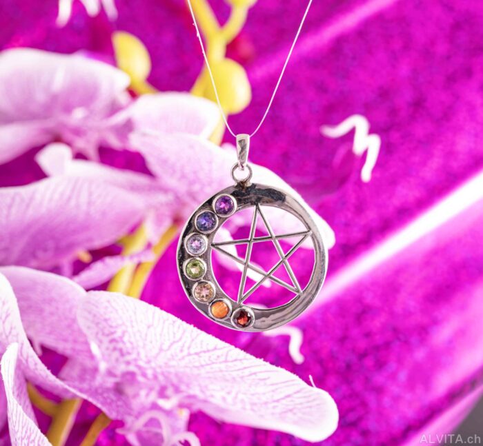 Pentagramm Chakrakreis Anhänger mit Edelsteinen – Bild 2