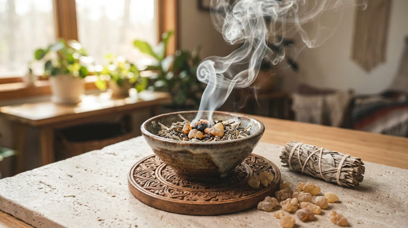 Räucherschale auf dem Tisch mit Räucherwerk