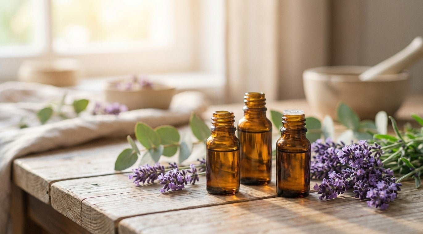 ätherische öle auf dem Tisch mit Lavendelhintergrund