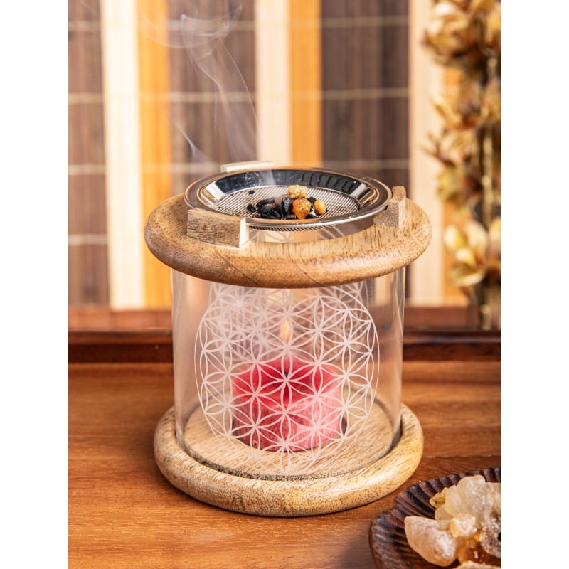 Siebgefäss Blume des Lebens – Glas mit Holz