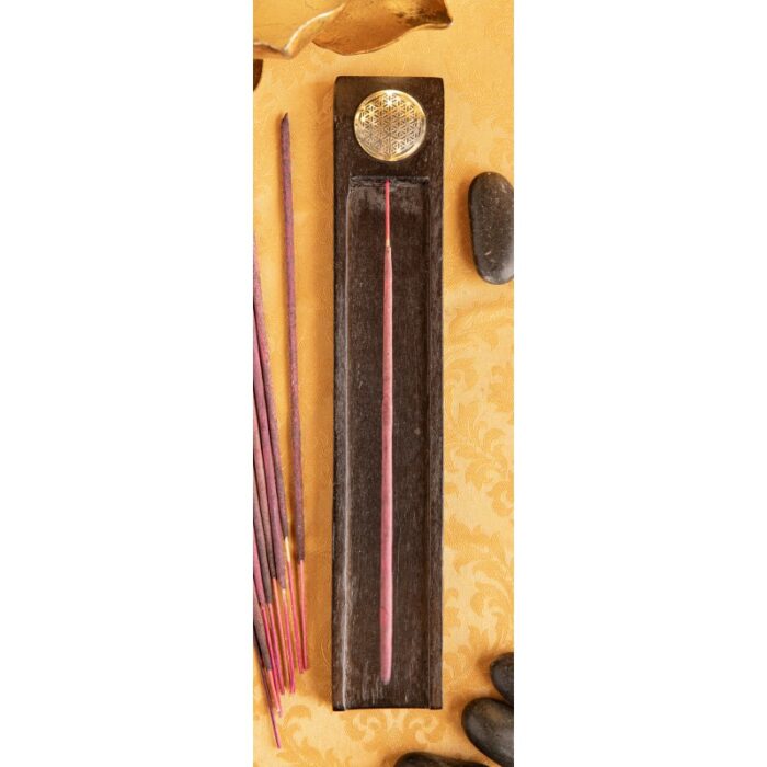 Räucherstäbchenhalter Blume des Lebens – Mangoholz mit Messingemblem