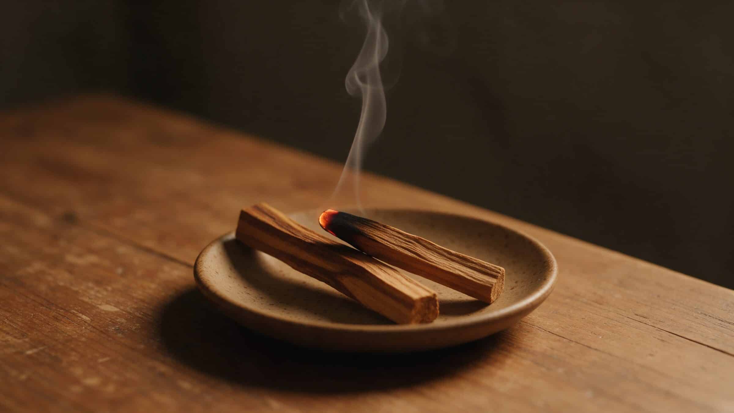 Glimmende Palo Santo Holzstäbe mit feinem Rauch auf einer Keramikschale