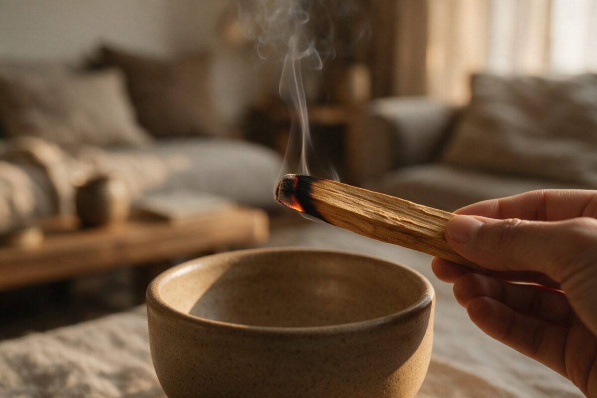 Hand hält ein glimmendes Palo Santo Stäbchen über einer Keramikschale