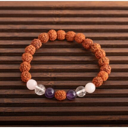Rudraksha Armband mit Amethyst, Bergkristall und Rosenquarz