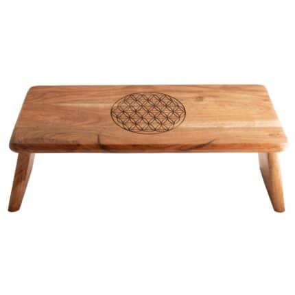 Meditationsbank Amari – klappbar, Akazienholz mit Blume des Lebens